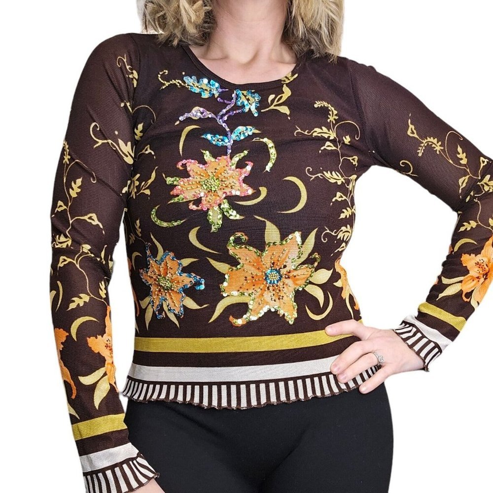 Y2K Medium Brown Mesh Floral Sequins Beaded Longsleeve Shirt Fitted Tiger Lily‎
